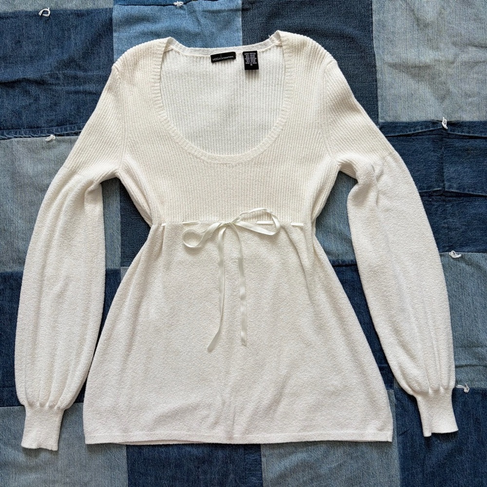 moda international Y2K VTG babydoll sweater puff sleeves ribbon white size M